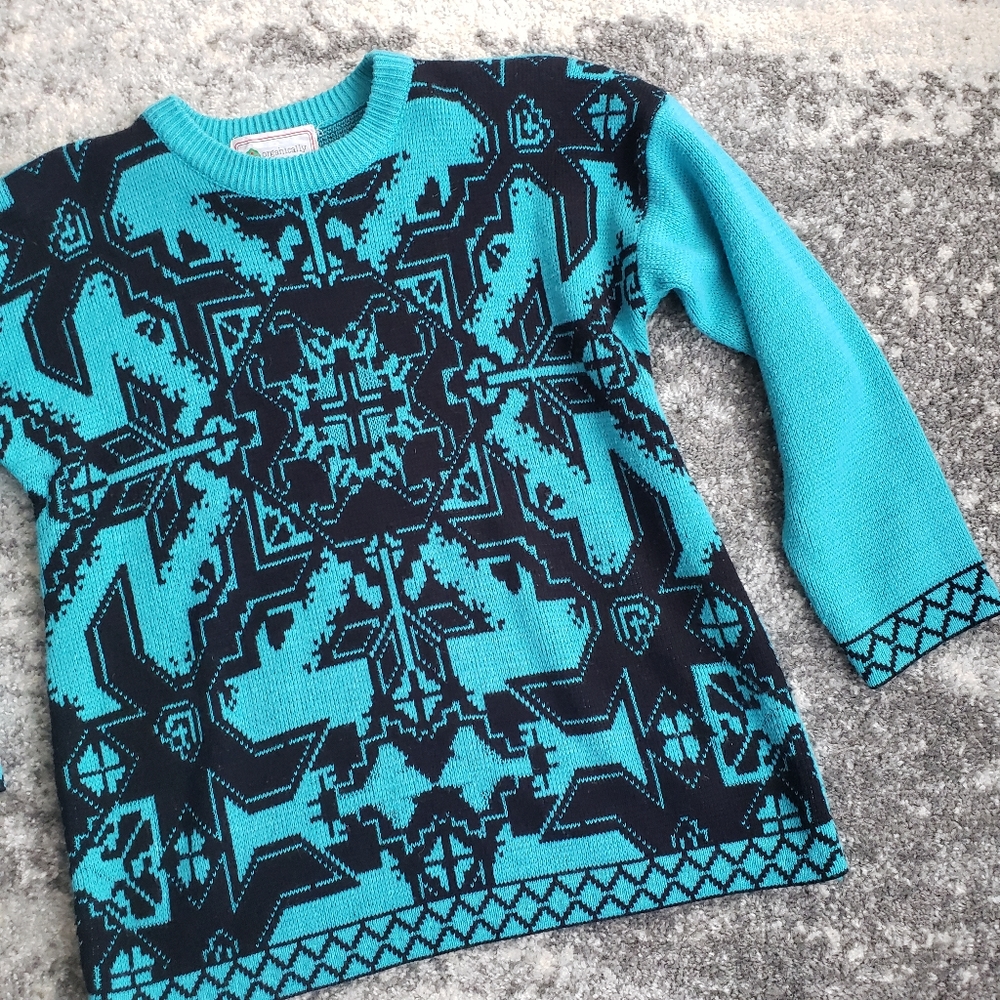 Vintage Sweater Geometric Pattern Knit Aqua Blue & Black Teal
